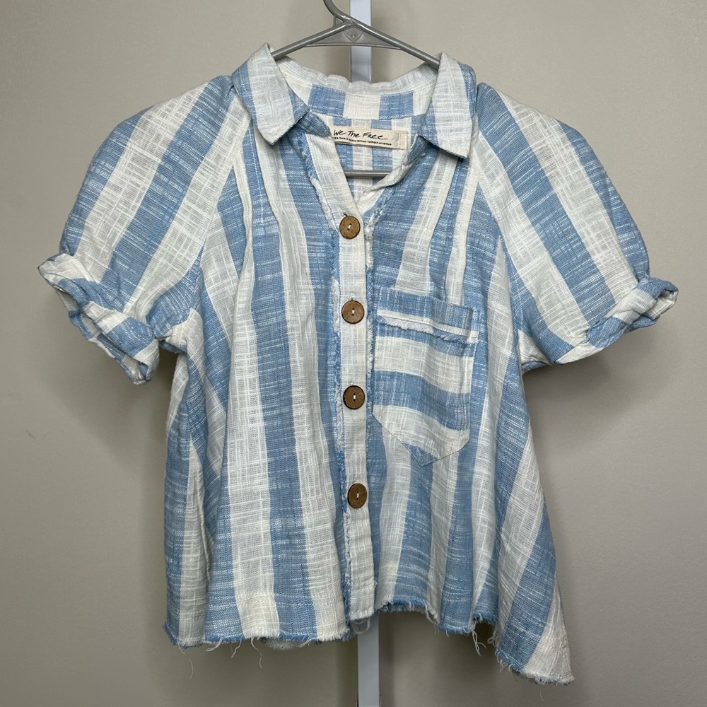 Free People Blue and White Striped Button Down Shirt